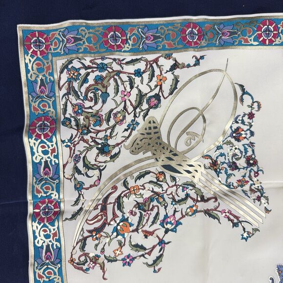 Vintage Piramit Silk Floral Scarf 33x33 Metallic Gold Classic Rolled Hem - Picture 4 of 7